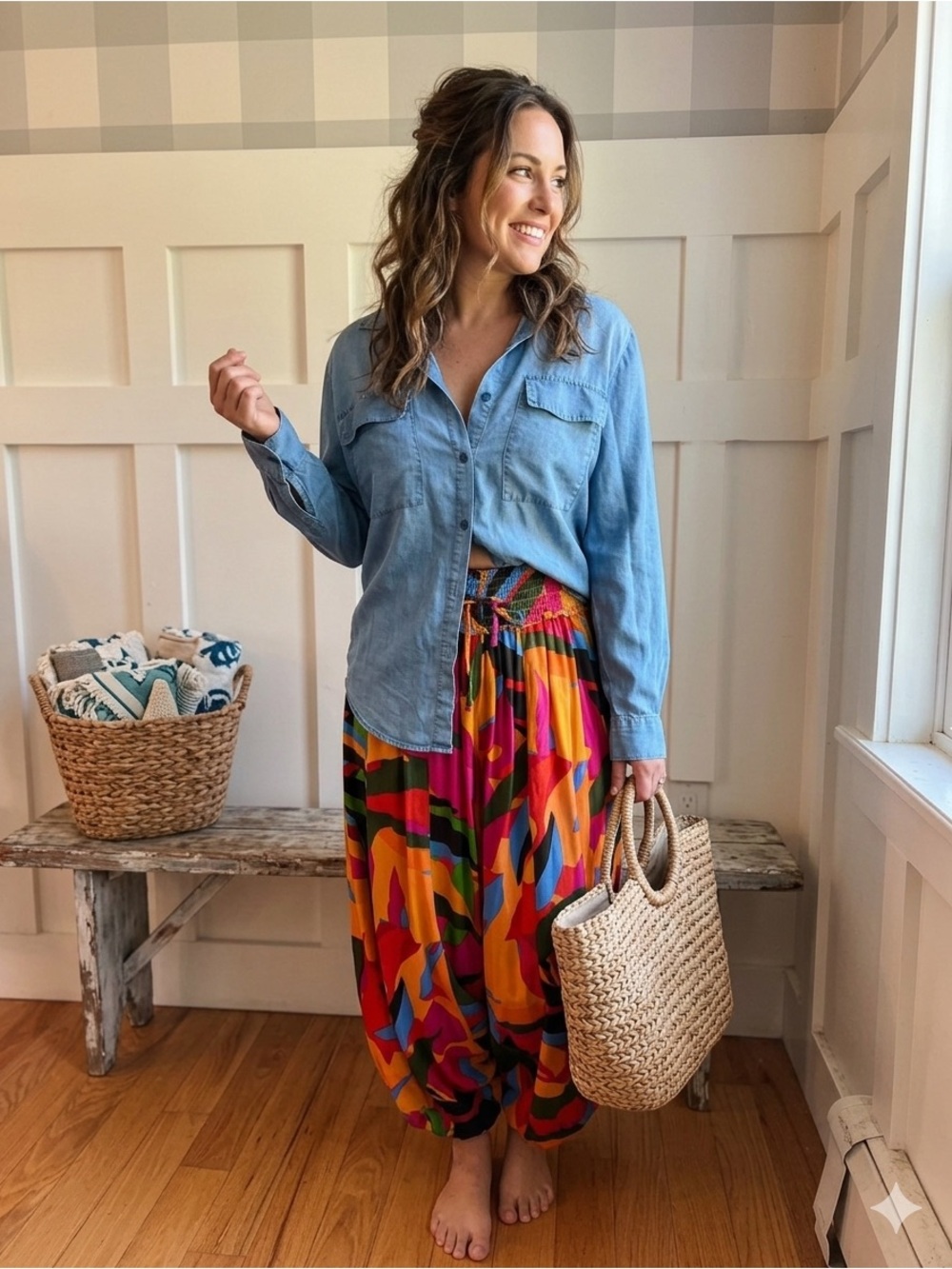 True Destination Colorful Abstract Wide-Leg Smocked-Waist Pants Large